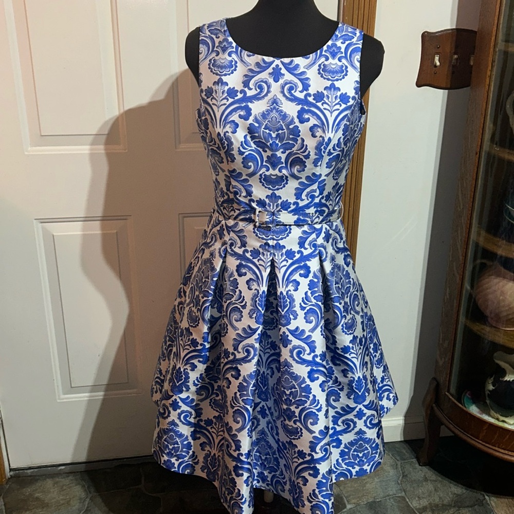 Eliza J Blue and White Damask Fit-and-Flare Dress